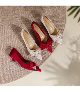 Water diamond bow pointed thin heel women's shoes