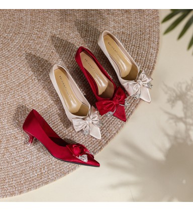Water diamond bow pointed thin heel women's shoes