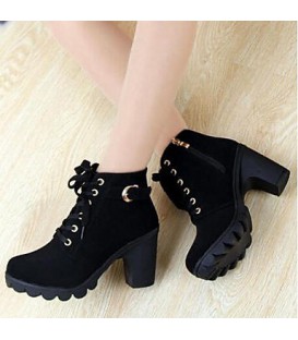 Women's Winter Faux Suede Casual Chunky Heel Buckle Zipper Lace-up shoes