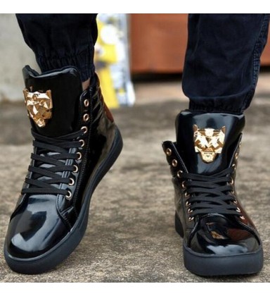 Fashion High Top Casual Shoes For Men PU Leather Lace Up Casual Shoes