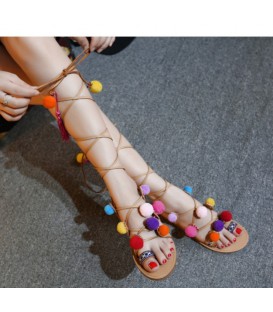 Summer Woman Pompon Sandals Gladiator Roman Strappy Knee High Boots