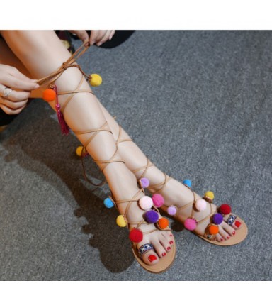 Summer Woman Pompon Sandals Gladiator Roman Strappy Knee High Boots