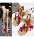 Summer Woman Pompon Sandals Gladiator Roman Strappy Knee High Boots