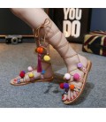 Summer Woman Pompon Sandals Gladiator Roman Strappy Knee High Boots