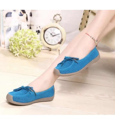 Women Summer hollow Hand-sewn suede leather flats boat shoes