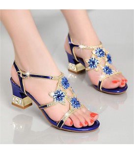 Women's Shoes Glitter / Nappa Leather Summer Club Shoes Sandals Chunky Heel Rhinestone for Party & Evening
